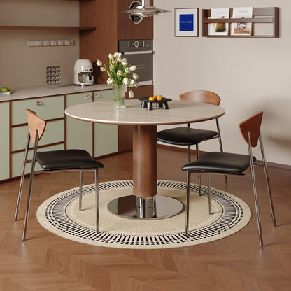 Contemporary Nordic Round Stone Slab Ash Wood Stainless Steel Dining Table For 4-8 Seats