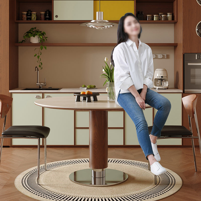 Contemporary Nordic Round Stone Slab Ash Wood Stainless Steel Dining Table For 4-8 Seats