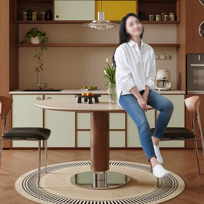Contemporary Nordic Round Stone Slab Ash Wood Stainless Steel Dining Table For 4-8 Seats