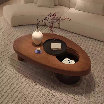 Contemporary Retro Ellipse Pine Wood Iron Hidden Storage Coffee Table 1-Cabinet For Living Room
