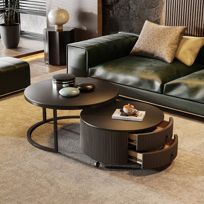Contemporary Luxury Round Stone Slab Carbon Steel Fiberboard Movable Coffee Table Set 2-Drawer For Living Room