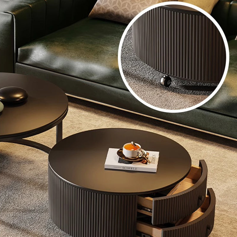 Contemporary Luxury Round Stone Slab Carbon Steel Fiberboard Movable Coffee Table Set 2-Drawer For Living Room