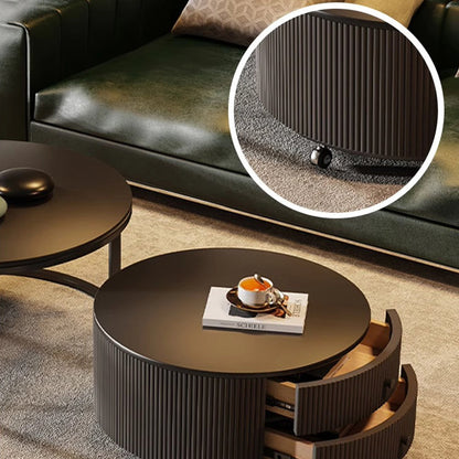 Contemporary Luxury Round Stone Slab Carbon Steel Fiberboard Movable Coffee Table Set 2-Drawer For Living Room