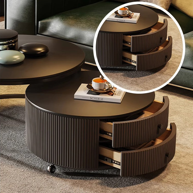 Contemporary Luxury Round Stone Slab Carbon Steel Fiberboard Movable Coffee Table Set 2-Drawer For Living Room
