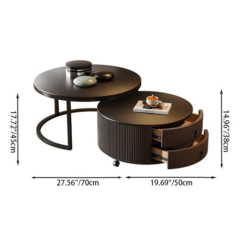 Contemporary Luxury Round Stone Slab Carbon Steel Fiberboard Movable Coffee Table Set 2-Drawer For Living Room