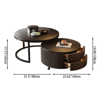 Contemporary Luxury Round Stone Slab Carbon Steel Fiberboard Movable Coffee Table Set 2-Drawer For Living Room