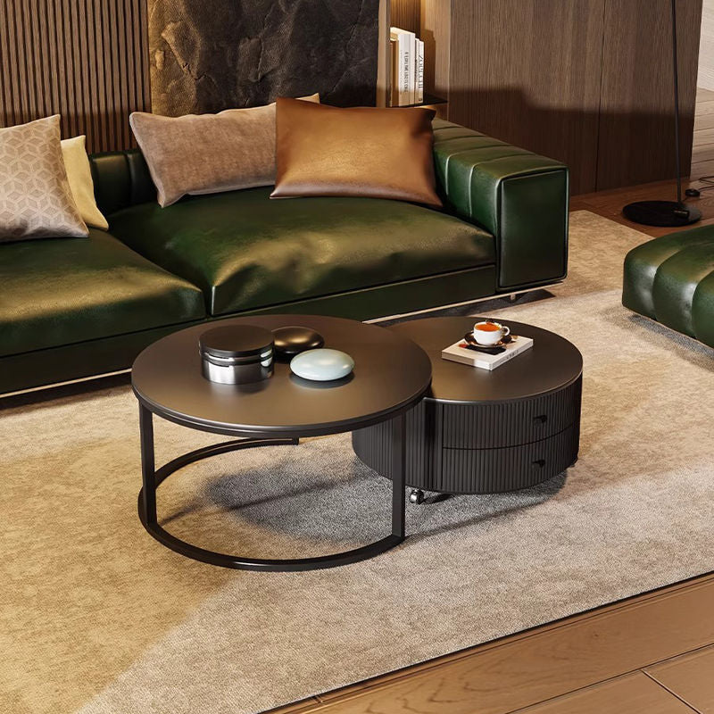 Contemporary Luxury Round Stone Slab Carbon Steel Fiberboard Movable Coffee Table Set 2-Drawer For Living Room