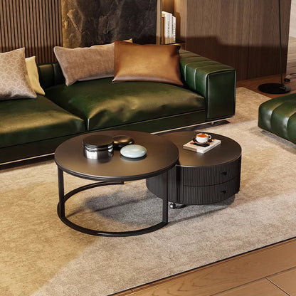 Contemporary Luxury Round Stone Slab Carbon Steel Fiberboard Movable Coffee Table Set 2-Drawer For Living Room