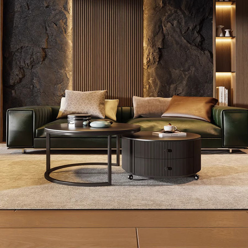Contemporary Luxury Round Stone Slab Carbon Steel Fiberboard Movable Coffee Table Set 2-Drawer For Living Room