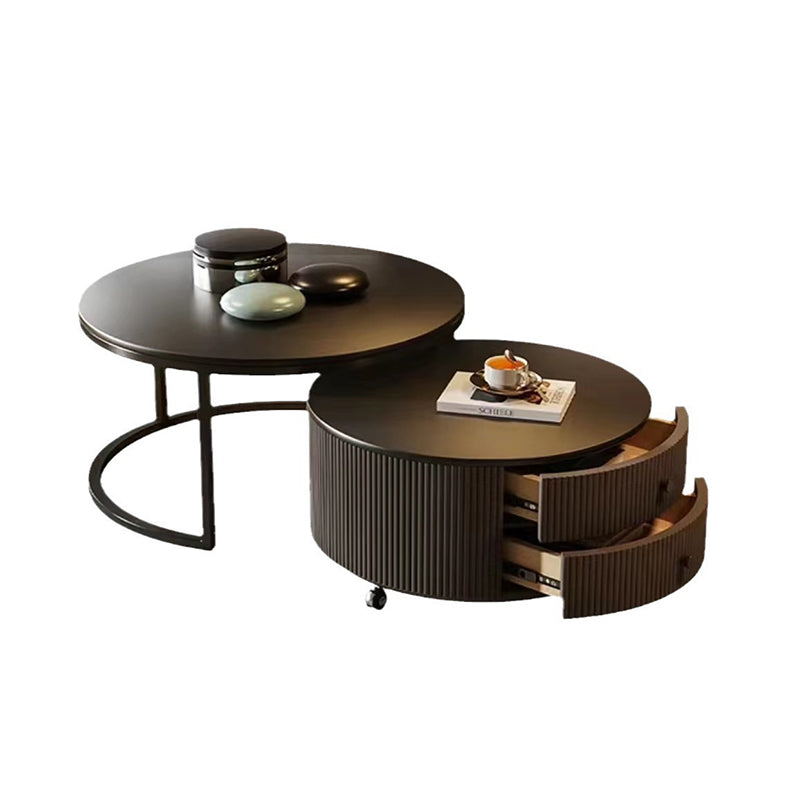 Contemporary Luxury Round Stone Slab Carbon Steel Fiberboard Movable Coffee Table Set 2-Drawer For Living Room