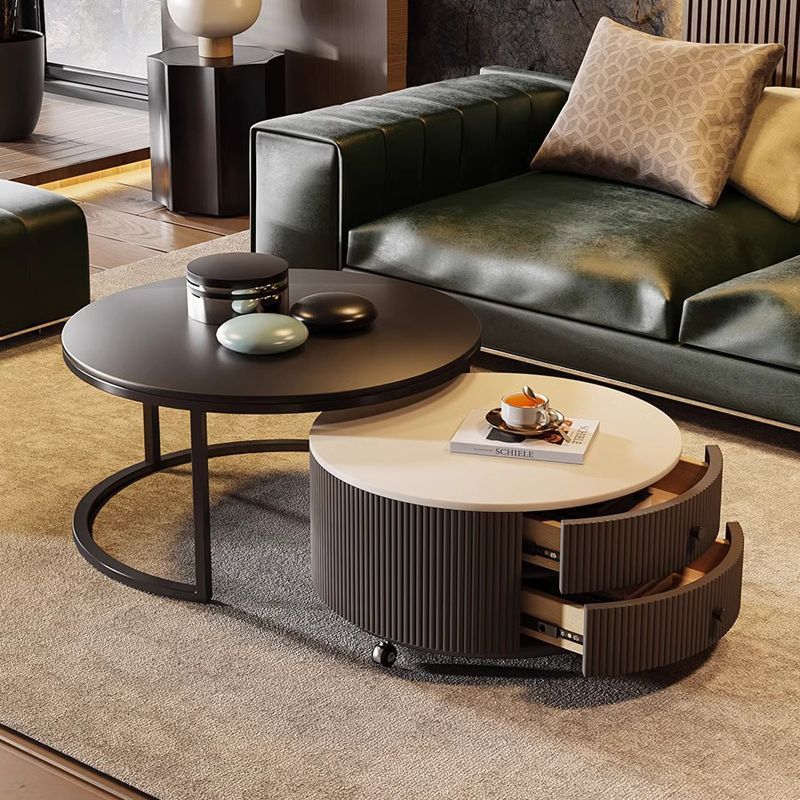 Contemporary Luxury Round Stone Slab Carbon Steel Fiberboard Movable Coffee Table Set 2-Drawer For Living Room