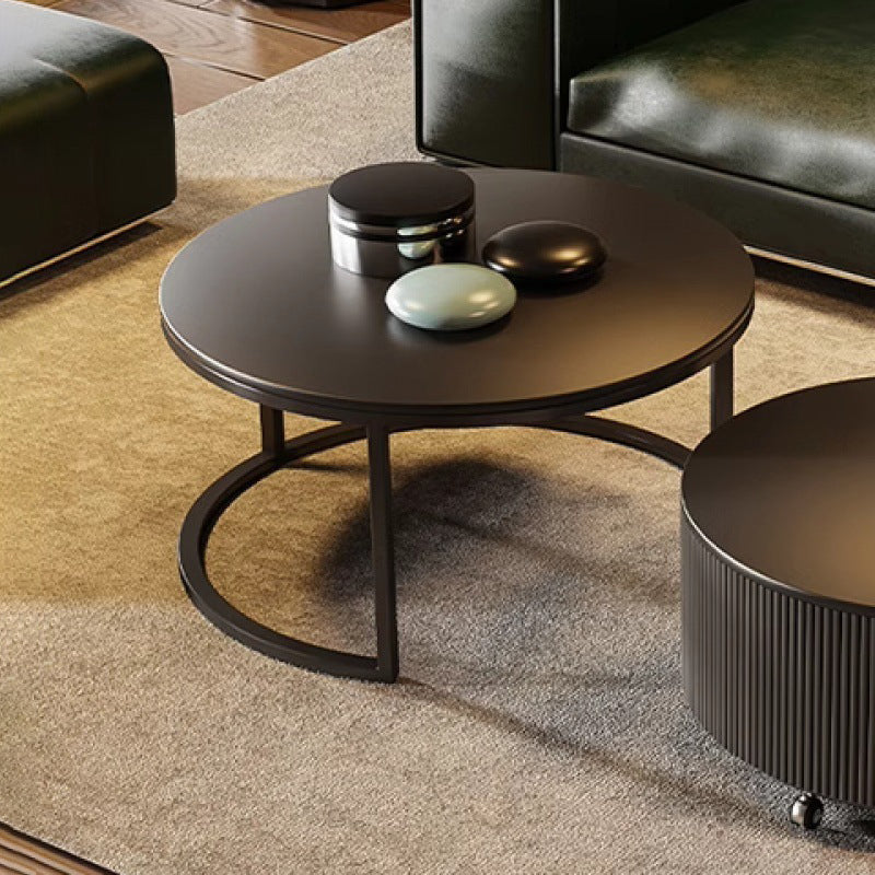 Contemporary Luxury Round Stone Slab Carbon Steel Fiberboard Movable Coffee Table Set 2-Drawer For Living Room