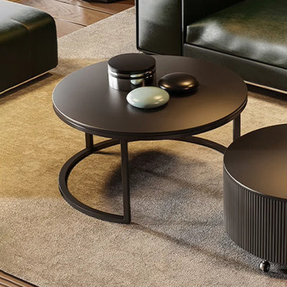 Contemporary Luxury Round Stone Slab Carbon Steel Fiberboard Movable Coffee Table Set 2-Drawer For Living Room