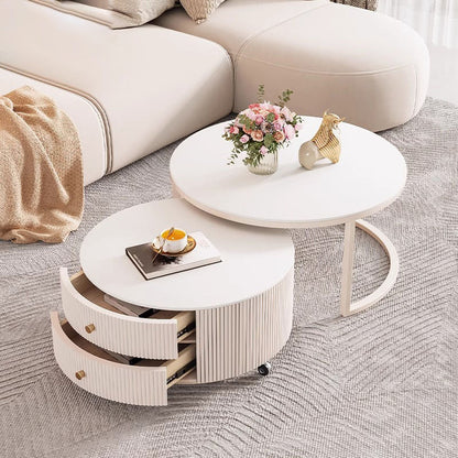 Contemporary Luxury Round Stone Slab Carbon Steel Fiberboard Movable Coffee Table Set 2-Drawer For Living Room