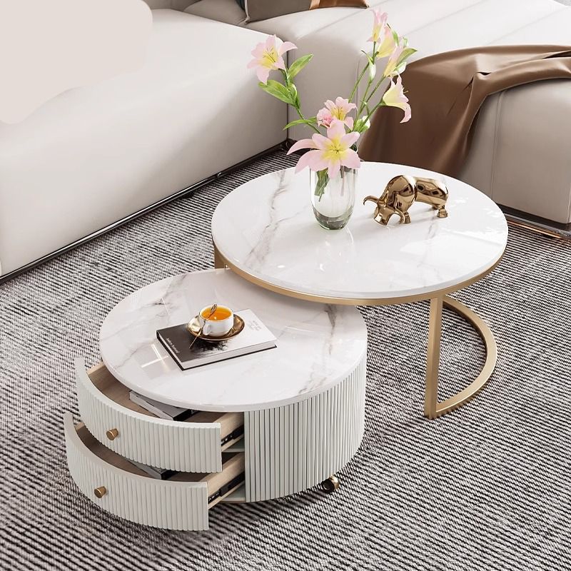 Contemporary Luxury Round Stone Slab Carbon Steel Fiberboard Movable Coffee Table Set 2-Drawer For Living Room