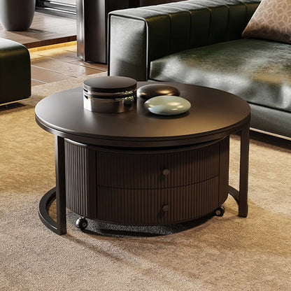Contemporary Luxury Round Stone Slab Carbon Steel Fiberboard Movable Coffee Table Set 2-Drawer For Living Room