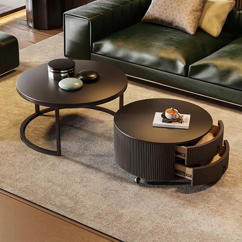 Contemporary Luxury Round Stone Slab Carbon Steel Fiberboard Movable Coffee Table Set 2-Drawer For Living Room