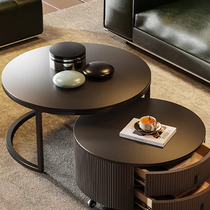 Contemporary Luxury Round Stone Slab Carbon Steel Fiberboard Movable Coffee Table Set 2-Drawer For Living Room