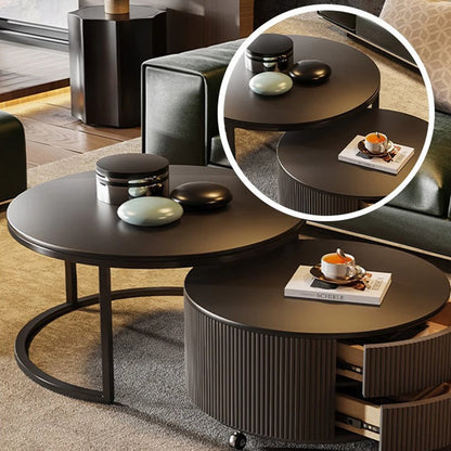 Contemporary Luxury Round Stone Slab Carbon Steel Fiberboard Movable Coffee Table Set 2-Drawer For Living Room