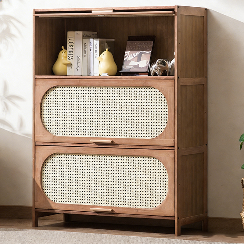 Contemporary Retro Rectangular Nan Bamboo Plastic Rattan Weaving Storage Cabinet 3/4/5-Tier For Living Room