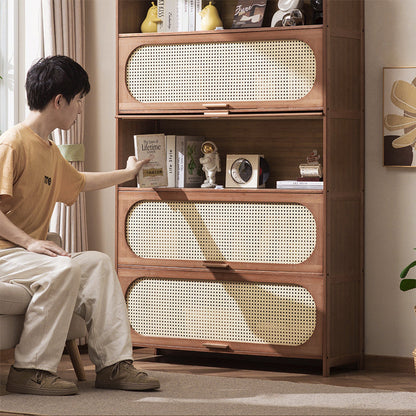 Contemporary Retro Rectangular Nan Bamboo Plastic Rattan Weaving Storage Cabinet 3/4/5-Tier For Living Room