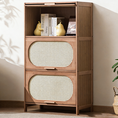 Contemporary Retro Rectangular Nan Bamboo Plastic Rattan Weaving Storage Cabinet 3/4/5-Tier For Living Room