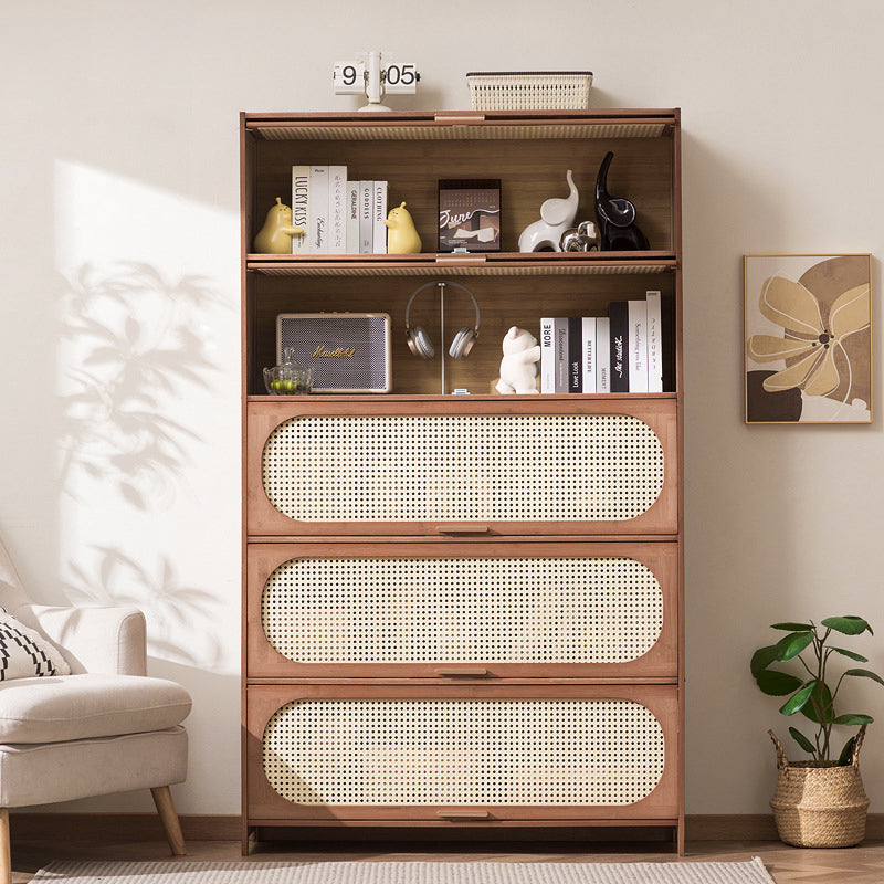Contemporary Retro Rectangular Nan Bamboo Plastic Rattan Weaving Storage Cabinet 3/4/5-Tier For Living Room