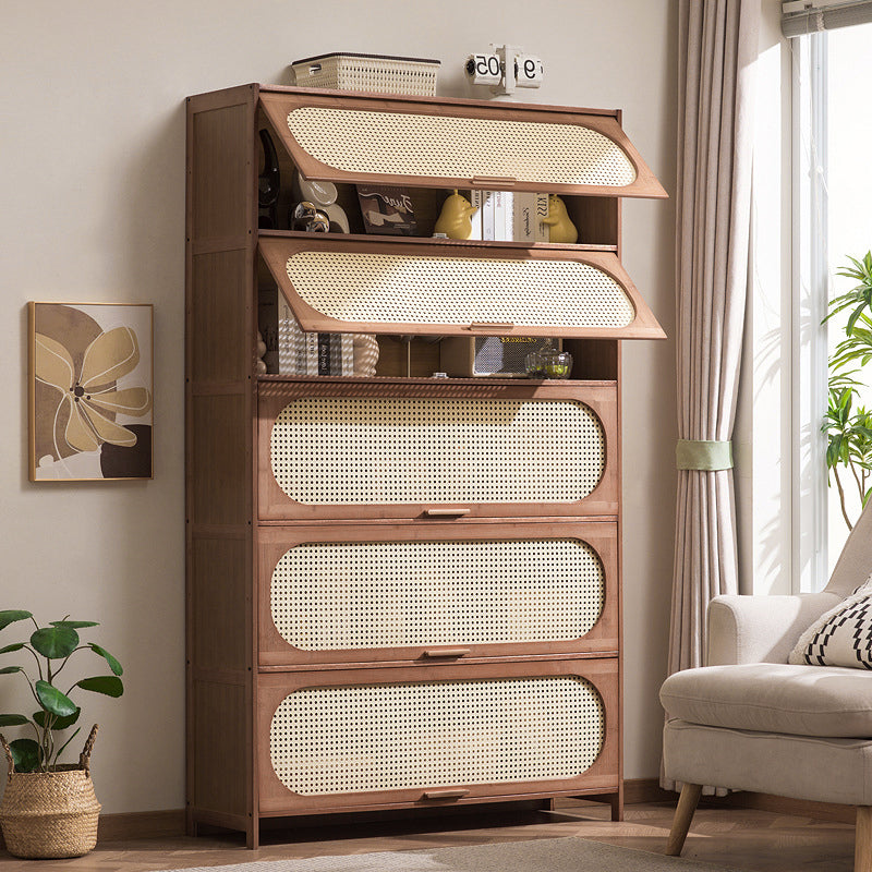 Contemporary Retro Rectangular Nan Bamboo Plastic Rattan Weaving Storage Cabinet 3/4/5-Tier For Living Room