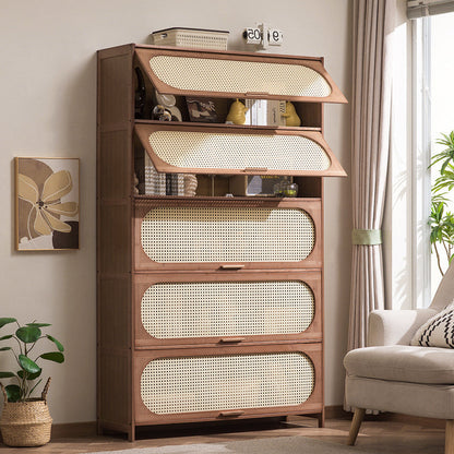 Contemporary Retro Rectangular Nan Bamboo Plastic Rattan Weaving Storage Cabinet 3/4/5-Tier For Living Room