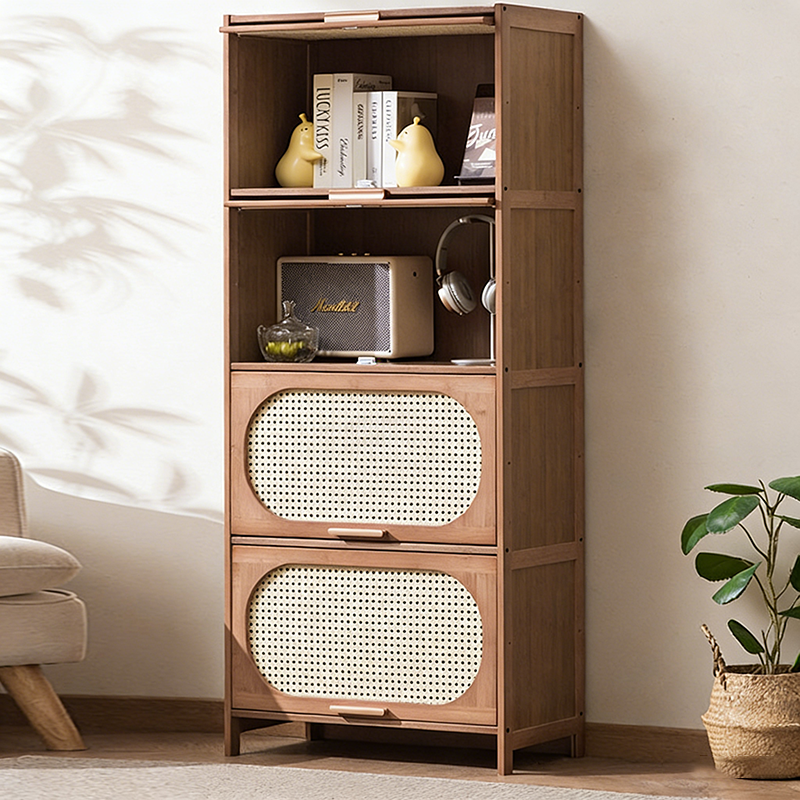 Contemporary Retro Rectangular Nan Bamboo Plastic Rattan Weaving Storage Cabinet 3/4/5-Tier For Living Room