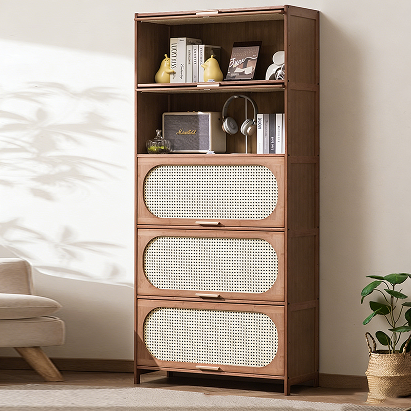 Contemporary Retro Rectangular Nan Bamboo Plastic Rattan Weaving Storage Cabinet 3/4/5-Tier For Living Room