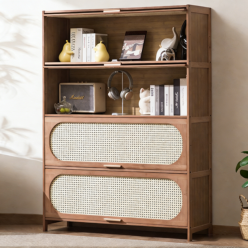 Contemporary Retro Rectangular Nan Bamboo Plastic Rattan Weaving Storage Cabinet 3/4/5-Tier For Living Room