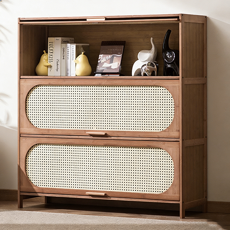 Contemporary Retro Rectangular Nan Bamboo Plastic Rattan Weaving Storage Cabinet 3/4/5-Tier For Living Room