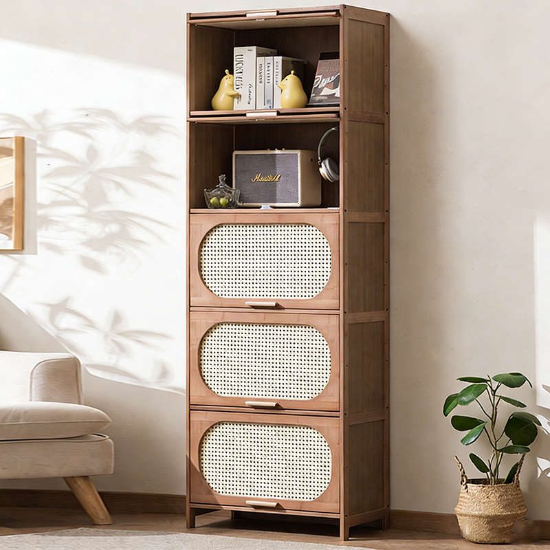 Contemporary Retro Rectangular Nan Bamboo Plastic Rattan Weaving Storage Cabinet 3/4/5-Tier For Living Room