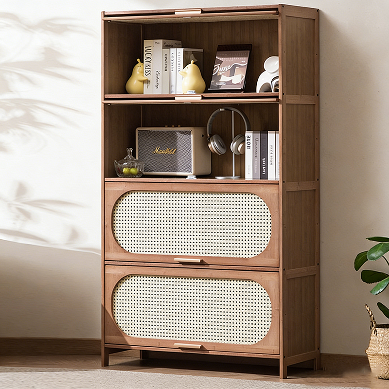Contemporary Retro Rectangular Nan Bamboo Plastic Rattan Weaving Storage Cabinet 3/4/5-Tier For Living Room
