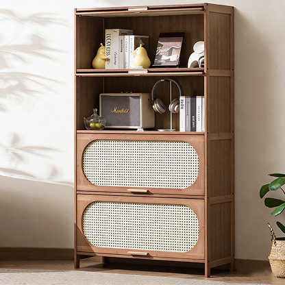 Contemporary Retro Rectangular Nan Bamboo Plastic Rattan Weaving Storage Cabinet 3/4/5-Tier For Living Room