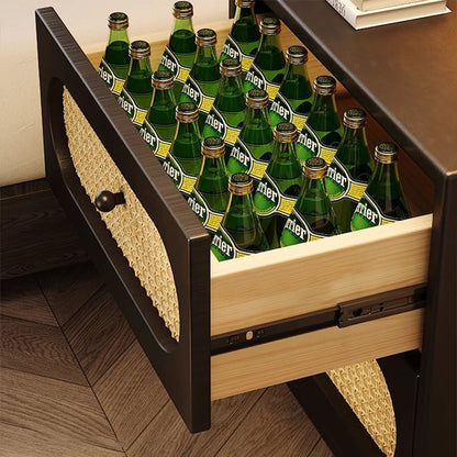 Traditional Japanese Square Rectangular Microfiber Leather MDF Solid Wood Plywood PVC Rattan Weaving Nightstand 2-Drawer For Bedroom