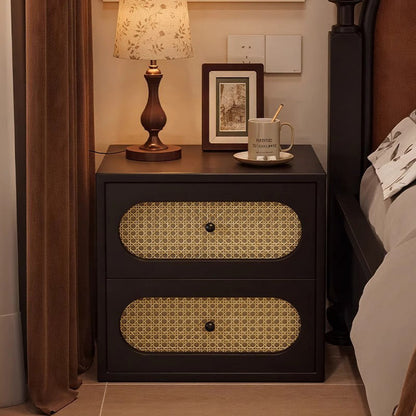 Traditional Japanese Square Rectangular Microfiber Leather MDF Solid Wood Plywood PVC Rattan Weaving Nightstand 2-Drawer For Bedroom
