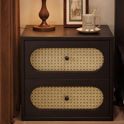 Traditional Japanese Square Rectangular Microfiber Leather MDF Solid Wood Plywood PVC Rattan Weaving Nightstand 2-Drawer For Bedroom