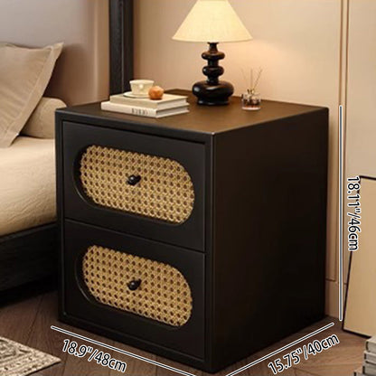 Traditional Japanese Square Rectangular Microfiber Leather MDF Solid Wood Plywood PVC Rattan Weaving Nightstand 2-Drawer For Bedroom
