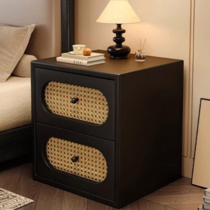 Traditional Japanese Square Rectangular Microfiber Leather MDF Solid Wood Plywood PVC Rattan Weaving Nightstand 2-Drawer For Bedroom