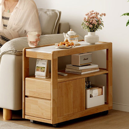 Modern Minimalist Rectangular Stone Slab Rubberwood Movable End Table 3-Tier For Living Room