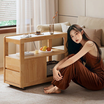 Modern Minimalist Rectangular Stone Slab Rubberwood Movable End Table 3-Tier For Living Room