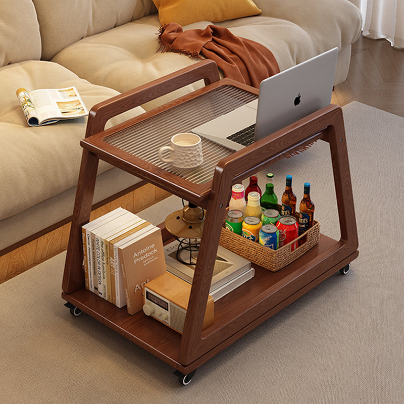 Modern Minimalist Rectangular Glass Rubberwood Movable End Table 2-Tier For Living Room