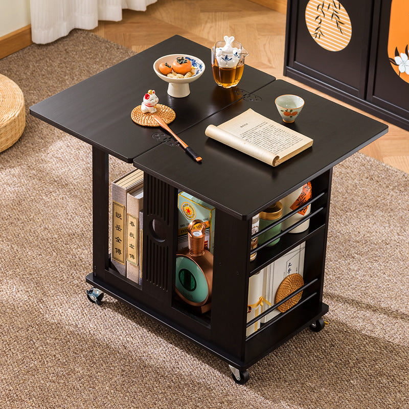 Traditional Chinese Rectangular Nan Bamboo Foldable Movable Coffee Table 2-Tier For Living Room