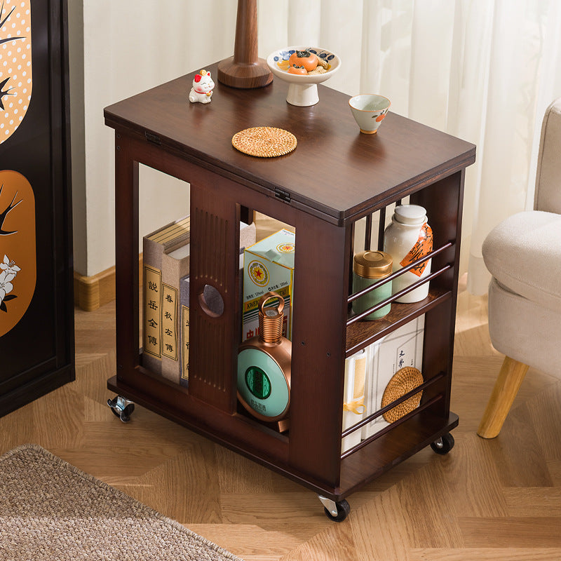 Traditional Chinese Rectangular Nan Bamboo Foldable Movable Coffee Table 2-Tier For Living Room