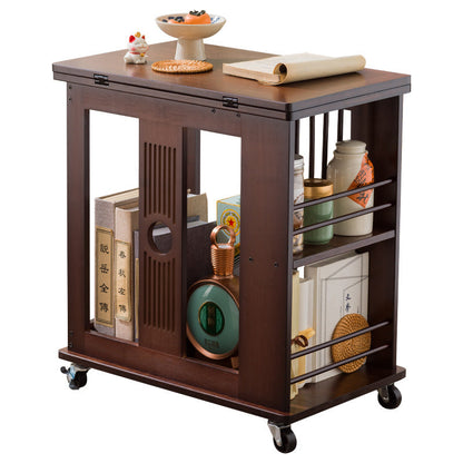Traditional Chinese Rectangular Nan Bamboo Foldable Movable Coffee Table 2-Tier For Living Room