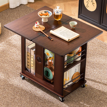 Traditional Chinese Rectangular Nan Bamboo Foldable Movable Coffee Table 2-Tier For Living Room