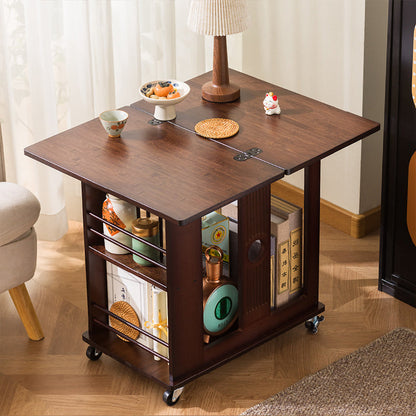 Traditional Chinese Rectangular Nan Bamboo Foldable Movable Coffee Table 2-Tier For Living Room