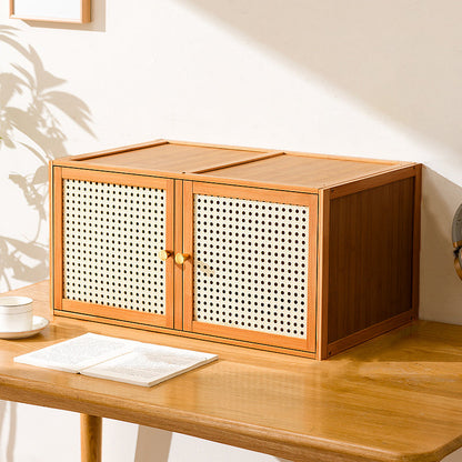 Traditional Japanese Square Rectangular Nan Bamboo MDF Plastic Rattan Weaving Stackable Nightstand 1/2-Cabinet For Bedroom